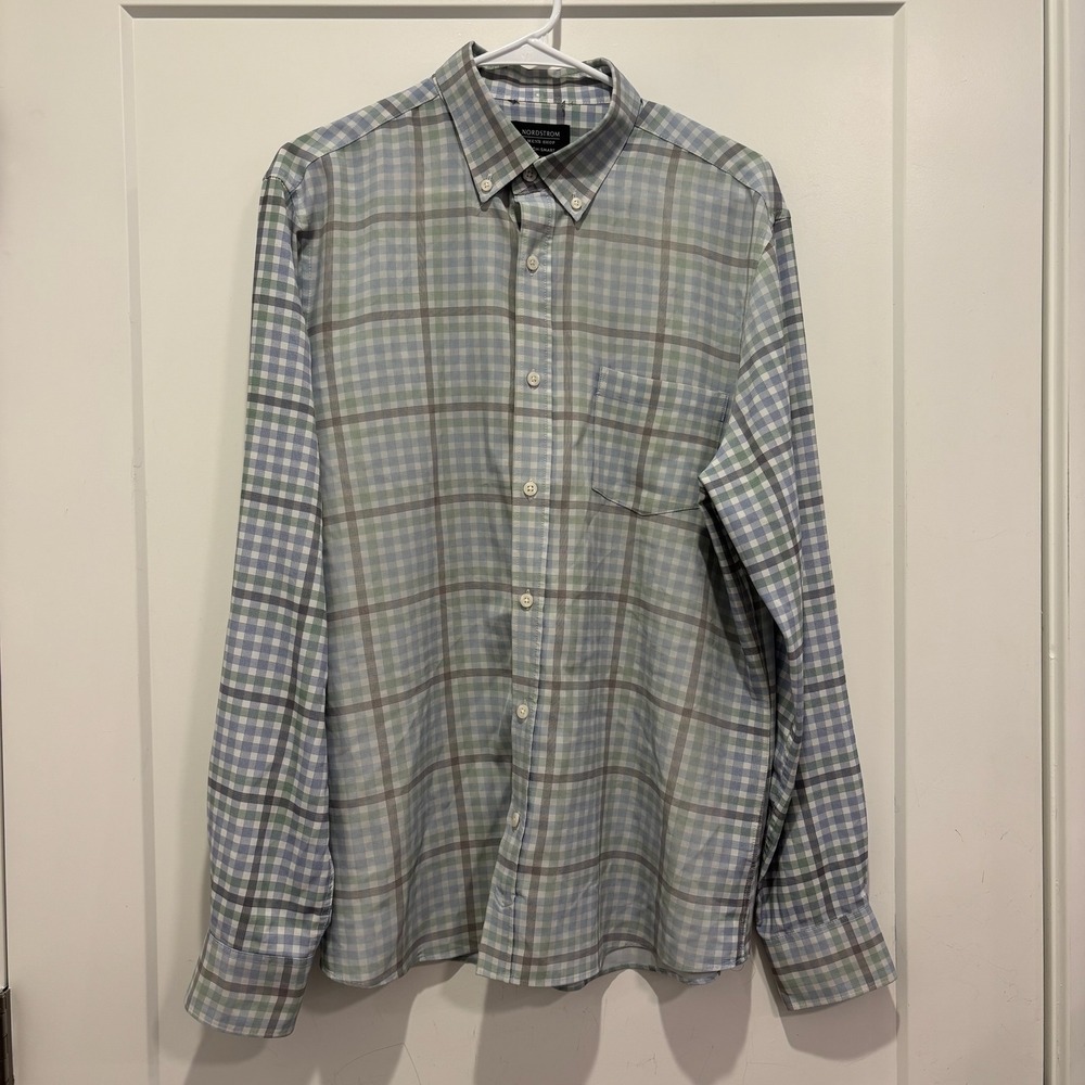 Nordstrom Mens Shop Tech-Smart Regular Fit Plaid Button Down Shirt Blue Green L